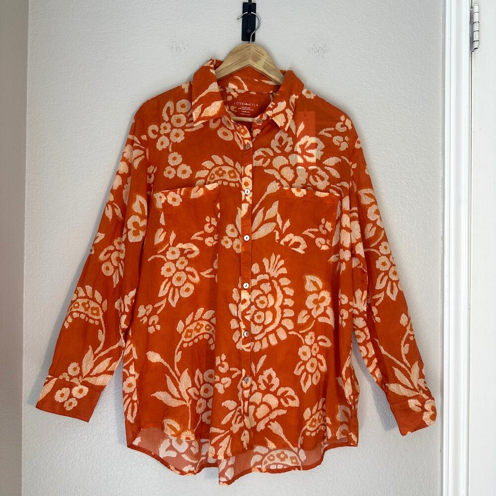 Love Kyla Rust Orange Tissue Cotton Button-Up Shirt,  Artisan Boho‎ Handmade, M